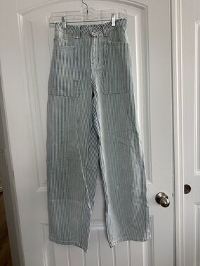 Blue and White Striped High-Waist Jeans